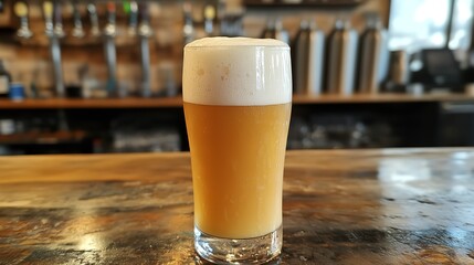 A refreshing glass of hazy craft beer with a thick white head sitting on a wooden bar counter in a pub