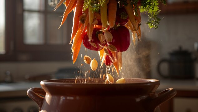 Hanging cluster of carrots and cherry tomatoes dropping seeds into brown pot by window, sunlight - Powered by Adobe