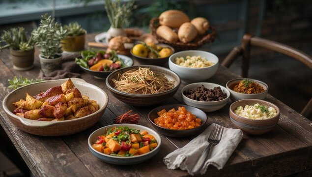Displaying rustic food spread sitting on wooden table near window, with ceramic bowls and fork
