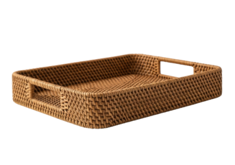Isolated rectangular woven serving tray with handles for drinks and food presentation