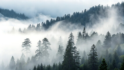 Misty forest landscape with tall evergreen trees