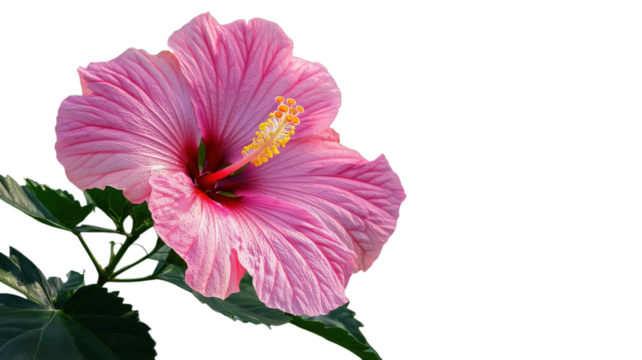 Bright pink hibiscus flower blooming against a clean white background in a warm climate setting.