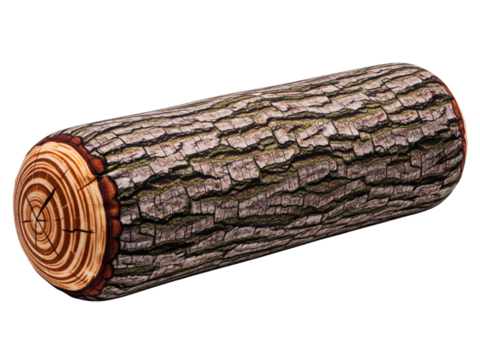 Cylindrical decorative throw cushion with brown nature wood grain pattern on a transparent background