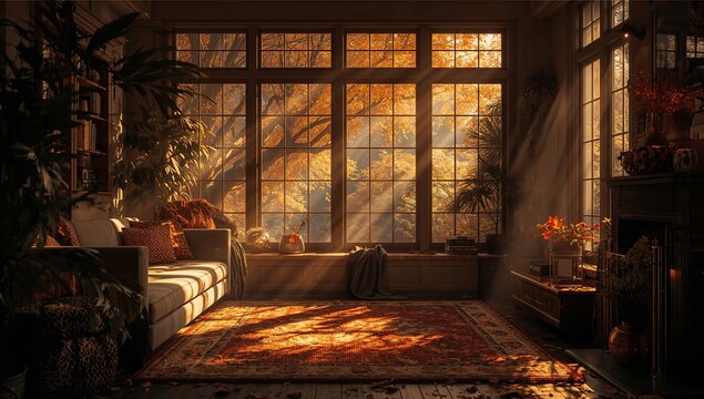 Bathing living room in golden light, multi-pane window framing cushioned seat with blanket, pumpkin