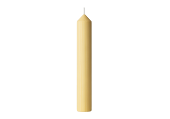 Isolated yellow paraffin wax candle with a cotton wick against a light studio background