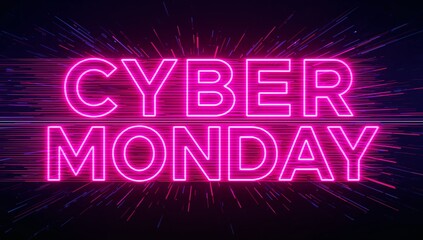 Displaying centered neon CYBER MONDAY lettering glowing across digital banner, with radial streaks