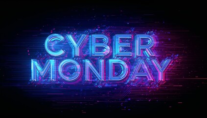 Glowing centered CYBER MONDAY text filling digital banner, showing scanline streaks pixel particles