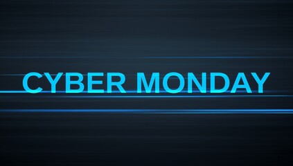 Glowing cyan uppercase CYBER MONDAY dominating dark digital banner, with neon-blue light streaks