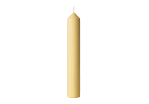 Isolated yellow paraffin wax candle with a cotton wick against a light studio background
