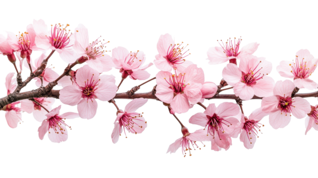 Pink cherry blossom branch with delicate flowers in full bloom against a white background.