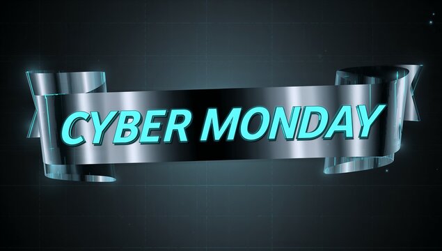 Stretching chrome ribbon banner casting teal glow on dark tech grid, with cyan CYBER MONDAY text