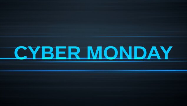 Glowing cyan uppercase CYBER MONDAY dominating dark digital banner, with neon-blue light streaks