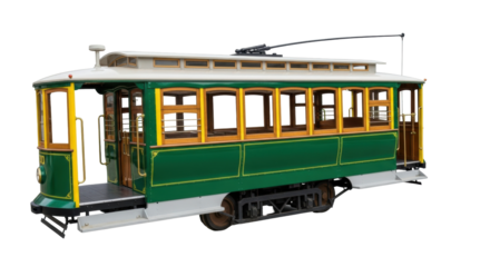 Isolated Antique green streetcar with overhead electric power pick-up and doors open
