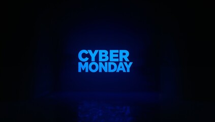 Glowing cyan CYBER MONDAY neon sign dominating center stage in studio, with glossy reflection