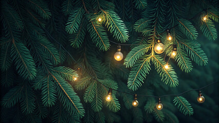 Close up of glowing christmas lights on dark green fir tree branches