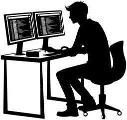 Programmer Working at Dual Monitor Desk Silhouette – Vector Illustration