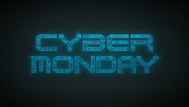 Glowing CYBER MONDAY text emitting neon bloom on digital display, with scan lines and cyan noise