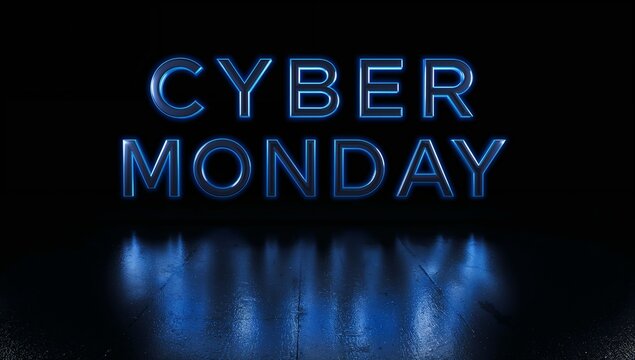 Glowing blue neon sign reading CYBER MONDAY casting reflections across wet concrete floor in studio