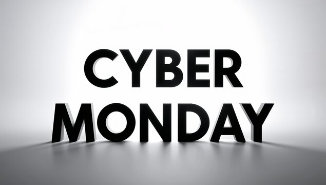 Displaying bold three-dimensional CYBER MONDAY text on glossy studio floor, casting long shadows