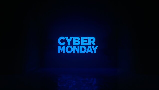 Glowing cyan CYBER MONDAY neon sign dominating center stage in studio, with glossy reflection
