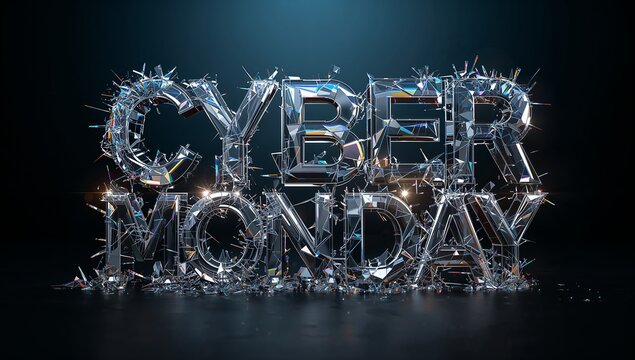 Displaying large 3D CYBER MONDAY letters cracking, shedding shards on glossy set floor, with flares - Powered by Adobe