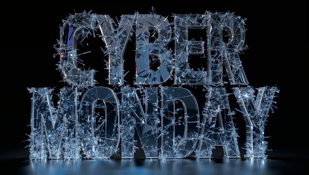 Glowing 3D CYBER MONDAY crystal sculpture reflecting blue-white light in studio, with glass shards