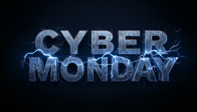 Dominating bold 3D metallic CYBER MONDAY letters glowing in dark studio, with neon blue arcs