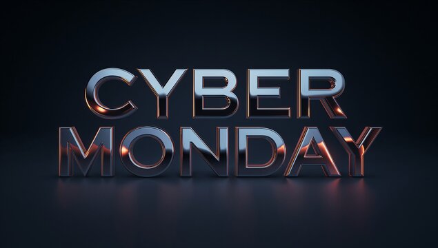 Showcasing 3D metallic CYBER MONDAY letters reflecting on dark floor with blue-orange rim lights - Powered by Adobe