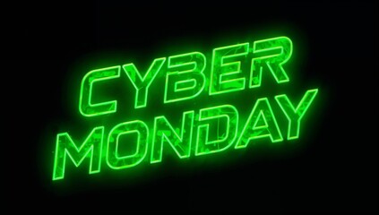 Glowing green neon sign displaying CYBER MONDAY text on black backdrop, with glowing halo
