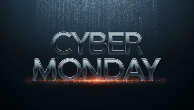 Displaying 3D metallic CYBER MONDAY text reflecting studio glow in digital banner with ember band - Powered by Adobe