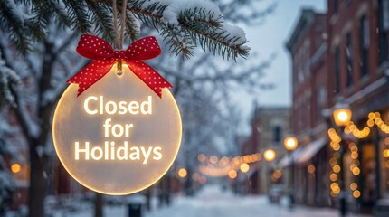 Festive holiday closure sign on a snowy town street during winter