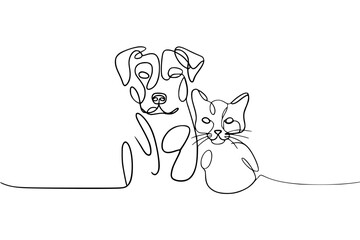 Fototapeta premium Dog and cat line art drawing, modern pet portrait, minimalist design, animal friendship