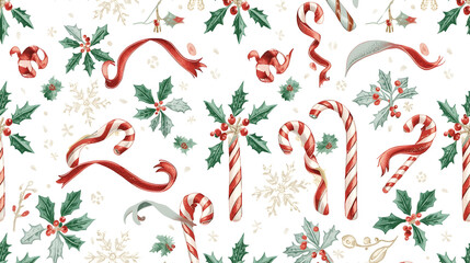 Festive Christmas pattern featuring candy canes, ribbons, holly, and snowflakes on white background.