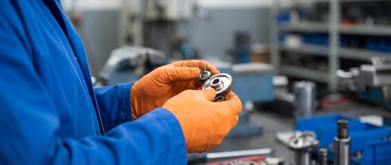 Skilled mechanic in protective gloves inspecting a metal machine part in a workshop