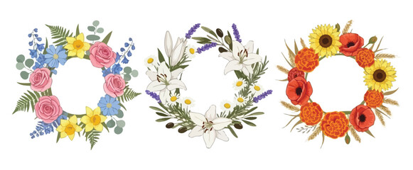 Three floral wreaths with roses, lilies, sunflowers, poppies, and greenery isolated on white background for wedding invitations and greeting cards