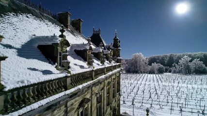 Winter vineyard view with snow-covered architecture and frozen trees under clear blue sky, peaceful landscape, sun. - Powered by Adobe