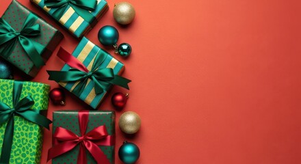 Christmas gift boxes and ornament border on red background