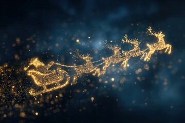 glowing silhouette of Santa Claus in Santas sleigh and reindeer made entirely from sparkling light 