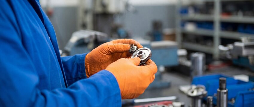 Skilled mechanic in protective gloves inspecting a metal machine part in a workshop
