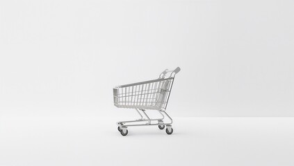 Displaying chrome metal shopping cart sitting in white studio, with wire basket and plastic handle