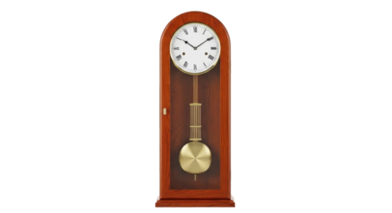 Isolated Wooden Pendulum Wall Clock showing the Time with Decorative Details for Home