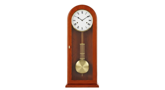 Isolated Wooden Pendulum Wall Clock showing the Time with Decorative Details for Home