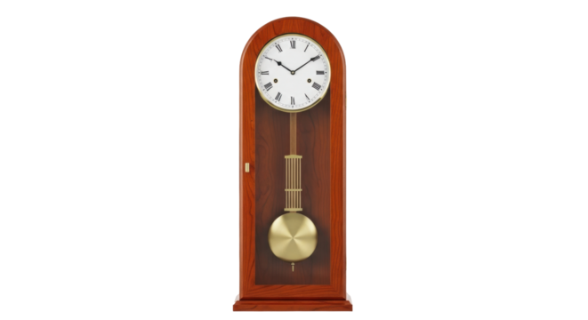 Isolated Wooden Pendulum Wall Clock showing the Time with Decorative Details for Home