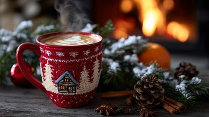 A red mug with a knitted pattern holds freshly made coffee, steam rising into the air as it rests near a cheerful fireplace. Pinecones and holiday decorations surround the scene, creating warmth