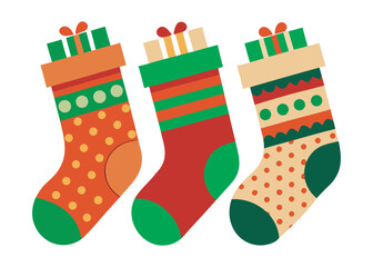 Set of three Christmas stockings in red, green and orange with different patterns on beige background, festive holiday decoration. Flat vector illustration logo icon on white background