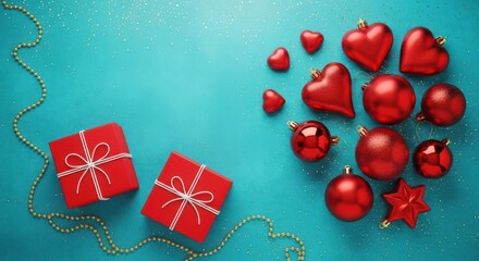Red christmas ornament and gift box on blue background