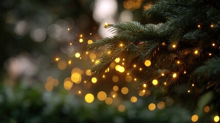 Close-up of a Christmas tree branch adorned with warm glowing fairy lights, creating a beautiful bokeh effect in the background