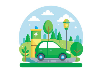 Adobea green electric vehicle driving in a park, flat illustration of a green electric car charging at a station in a park. Symbolizes sustainable transportation, ecology, and a clean environment logo