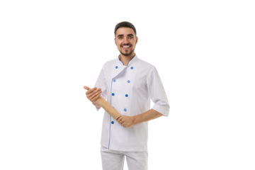 Confident chef with rolling pin, isolated on white, PNG