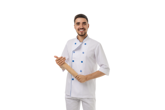 Confident chef with rolling pin, isolated on white, PNG